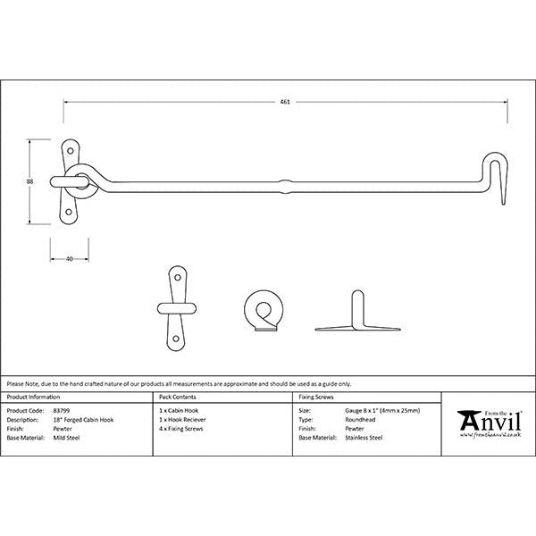 From The Anvil - 18" Forged Cabin Hook - Pewter Patina - 83799 - Choice Handles