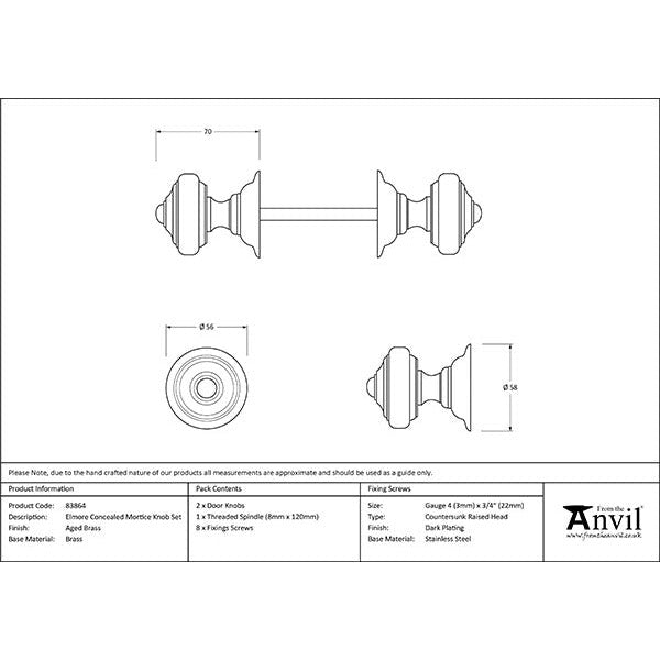 From The Anvil - Elmore Concealed Mortice Knob Set - Aged Brass - 83864 - Choice Handles