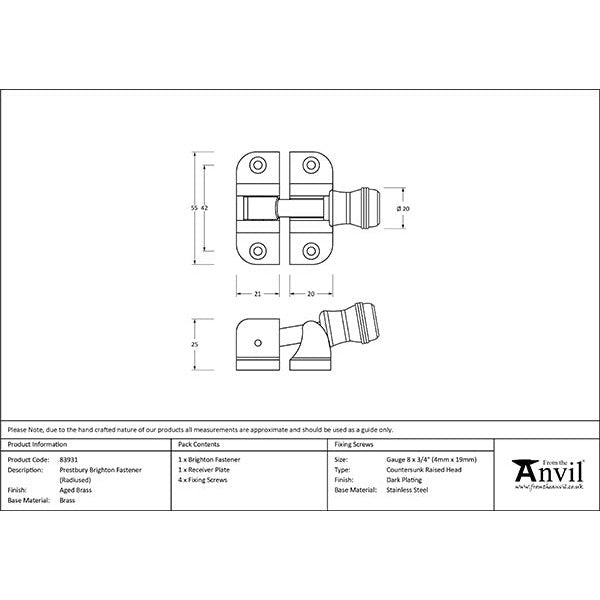 From The Anvil - Prestbury Brighton Fastener (Radiused) - Aged Brass - 83931 - Choice Handles