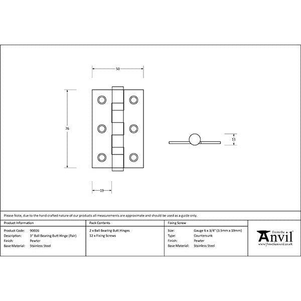 From The Anvil - 3" Ball Bearing Butt Hinge (Pair) ss - Pewter Patina - 90026 - Choice Handles