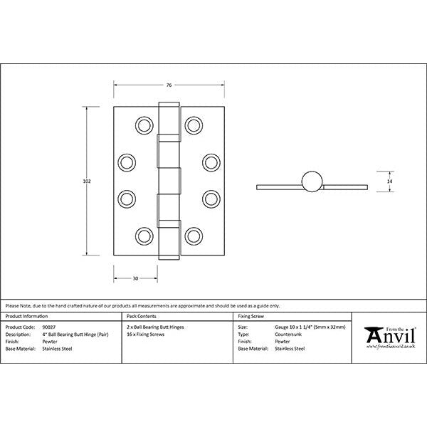 From The Anvil - 4" Ball Bearing Butt Hinge (Pair) ss - Pewter Patina - 90027 - Choice Handles