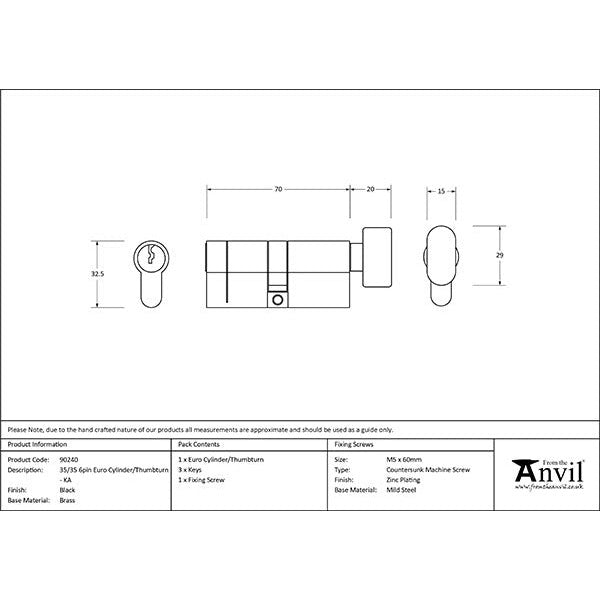 From The Anvil - 35/35 6pin Euro Cylinder/Thumbturn KA - Black - 90240 - Choice Handles