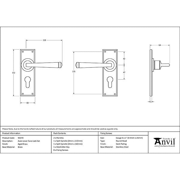 From The Anvil - Avon Lever Euro Lock Set - Aged Brass - 90370 - Choice Handles