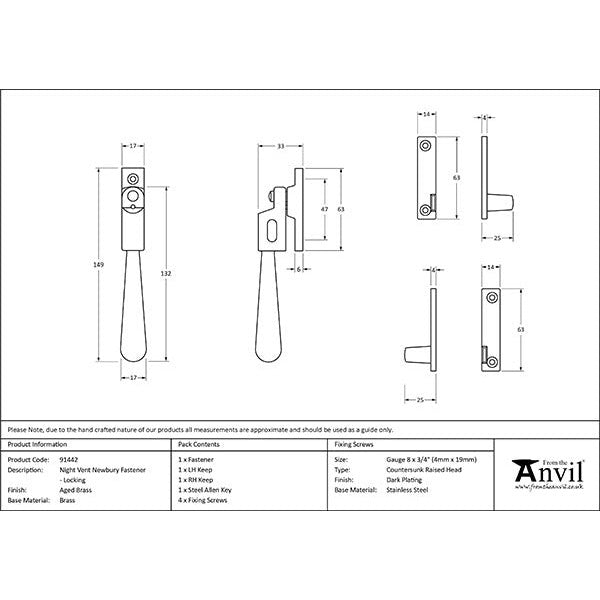 From The Anvil - Night-Vent Locking Newbury Fastener - Aged Brass - 91442 - Choice Handles