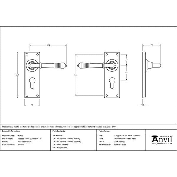 From The Anvil - Reeded Lever Euro Lock Set - Polished Bronze - 91916 - Choice Handles