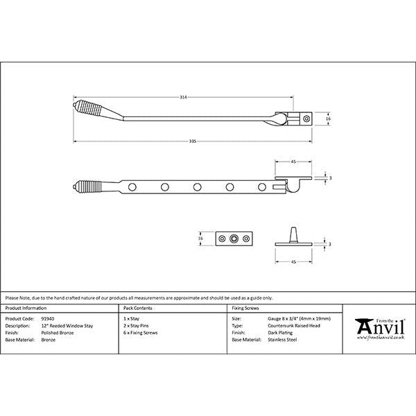 From The Anvil - 12" Reeded Stay - Polished Bronze - 91940 - Choice Handles