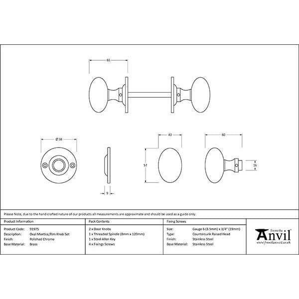 From The Anvil - Oval Mortice/Rim Knob Set - Polished Chrome - 91975 - Choice Handles