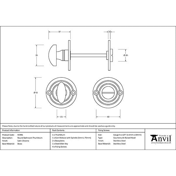 From The Anvil - Round Bathroom Thumbturn - Satin Chrome - 91996 - Choice Handles