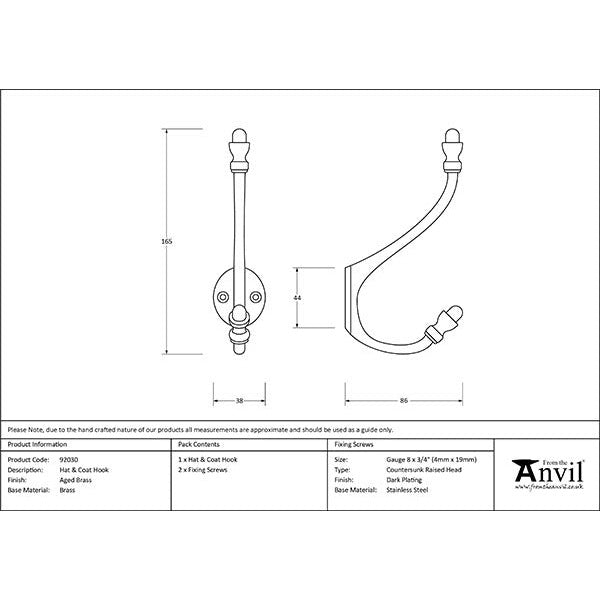 From The Anvil - Hat & Coat Hook - Aged Brass - 92030 - Choice Handles