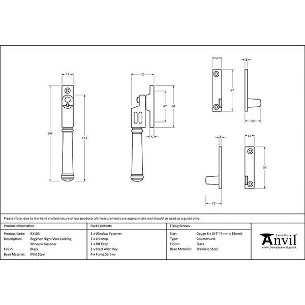 From The Anvil - Night-Vent Regency Fastener - Black - 92103 - Choice Handles