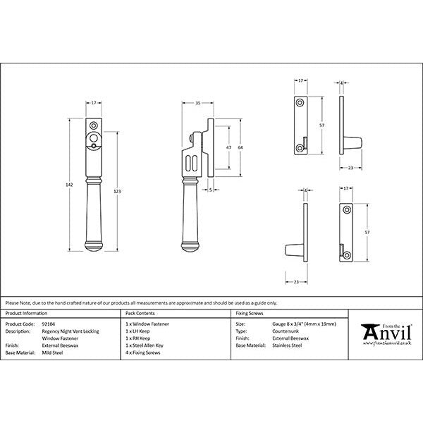 From The Anvil - Locking Night-Vent Regency Fastener - External Beeswax - 92104 - Choice Handles