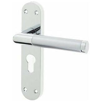 Frelan - Twin Door Handles On Backplate - Euro Profile - Dual Finish - Polished Chrome & Satin Chrome - JV436EPCSC - Choice Handles