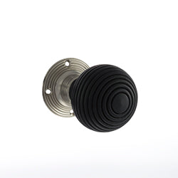 Atlantic - Old English Whitby Ebony Wood Reeded Mortice Knob on 60mm Face Fix Rose - Satin Nickel - OE60RREMKSN - Choice Handles