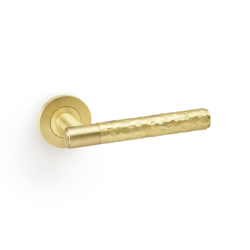 Alexander and Wilks - Spitfire Hammered Lever on Round Rose - Satin Brass - AW223SB - Choice Handles