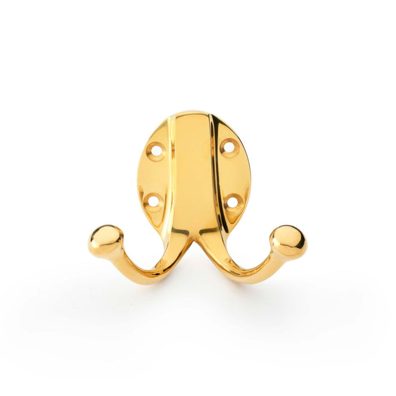 Alexander and Wilks Traditional Double Robe Hook - Unlacquered Brass - AW771UB - Choice Handles