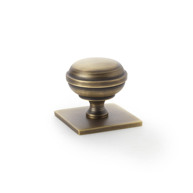 Alexander and Wilks - Quantock Cupboard Knob on Square Backplate - Antique Brass - 34mm - AW826-34-AB - Choice Handles