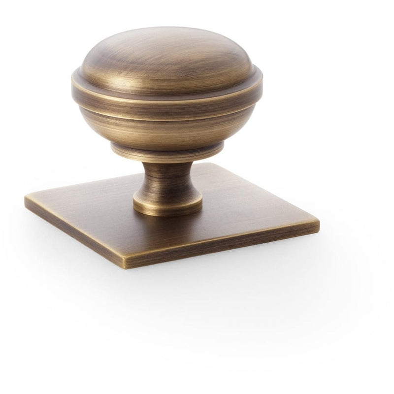 Alexander and Wilks - Quantock Cupboard Knob on Square Backplate - Antique Brass - 38mm - AW826-38-AB - Choice Handles