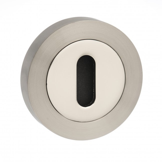 Atlantic Mediterranean Key Escutcheon on Round Rose - Satin Nickel/Polished Nickel - MESCKSNNP - Choice Handles